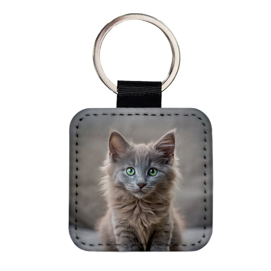 Nebelung Cat Kitten Photo Square Faux Leather Keychain
