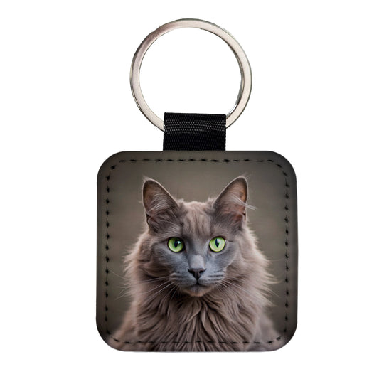 Nebelung Cat Photo Square Faux Leather Keychain