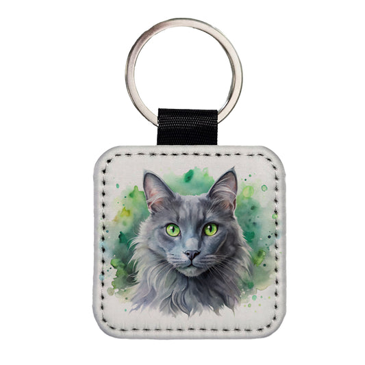 Nebelung Cat With Green Eyes Watercolor Style Square Faux Leather Keychain