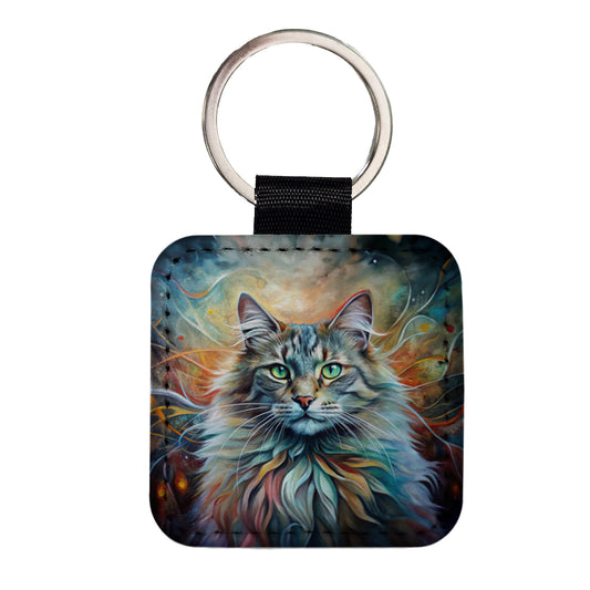 Norwegian Forest Cat Abstract Art Square Faux Leather Keychain