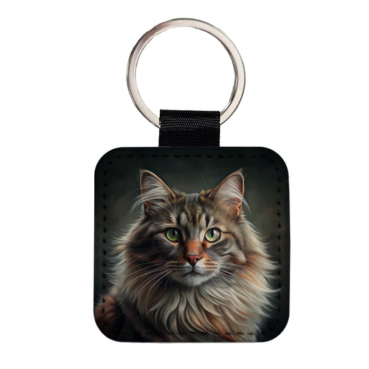 Norwegian Forest Cat Illustration Square Faux Leather Keychain