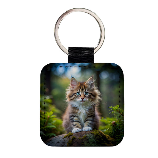 Norwegian Forest Cat Kitten Photo Square Faux Leather Keychain