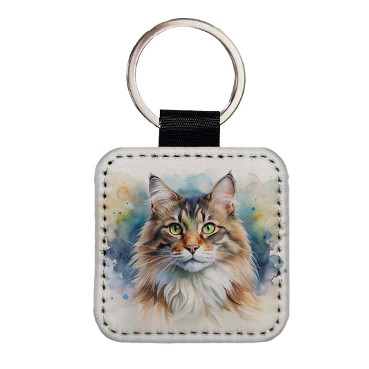 Norwegian Forest Cat Watercolor Style Square Faux Leather Keychain