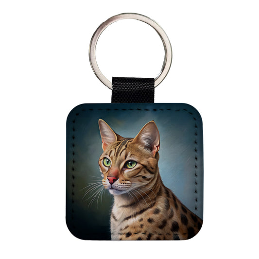 Ocicat Cat Illustration Square Faux Leather Keychain