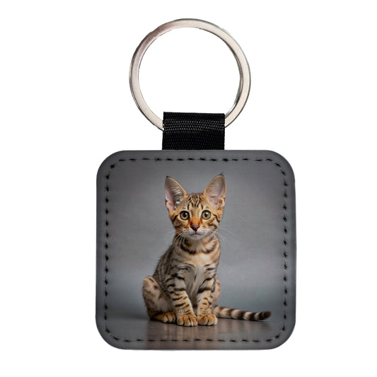 Ocicat Cat Kitten Photo Square Faux Leather Keychain