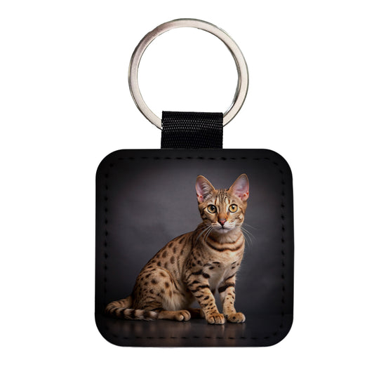 Ocicat Cat Photo Square Faux Leather Keychain