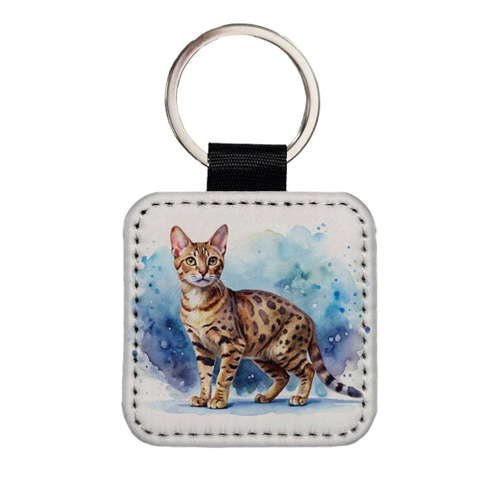Ocicat Cat Watercolor Style Square Faux Leather Keychain