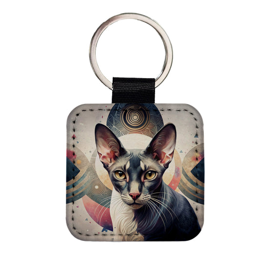 Oriental Shorthair Black White Cat Abstract Art Square Faux Leather Keychain