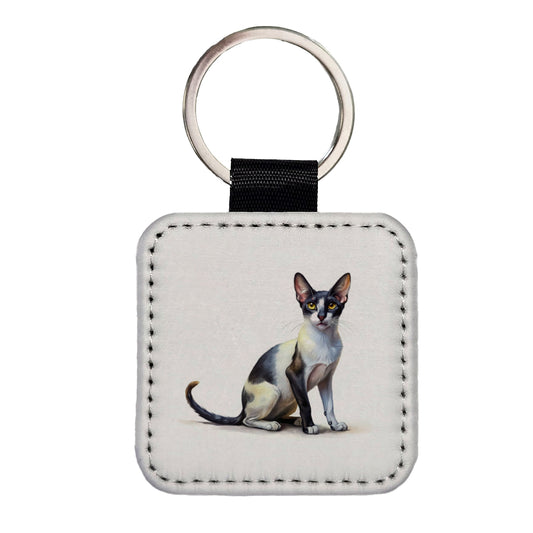 Oriental Shorthair Black White Cat Illustration Square Faux Leather Keychain