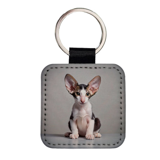Oriental Shorthair Black White Cat Kitten Photo Square Faux Leather Keychain