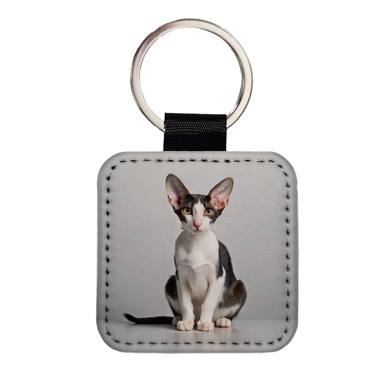 Oriental Shorthair Black White Cat Photo Square Faux Leather Keychain
