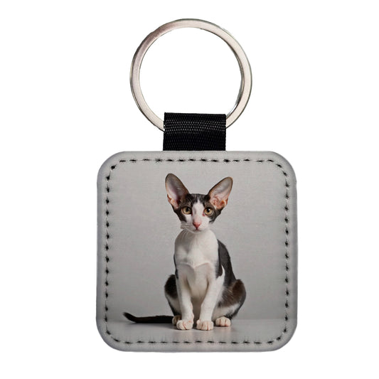 Oriental Shorthair Black White Cat Photo Square Faux Leather Keychain