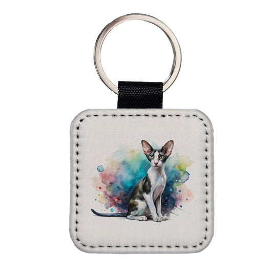 Oriental Shorthair Black White Cat Watercolor Square Faux Leather Keychain