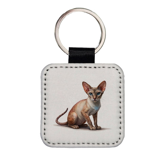 Oriental Shorthair Cat Illustration Square Faux Leather Keychain