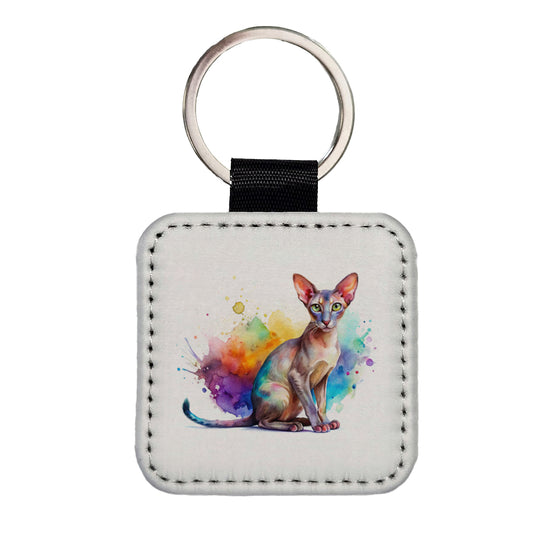 Oriental Shorthair Cat Watercolor Style Square Faux Leather Keychain