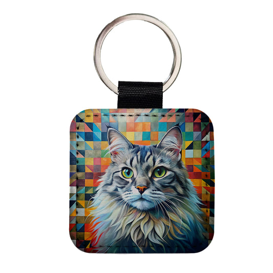 Ragamuffin Cat Abstract Art Square Faux Leather Keychain