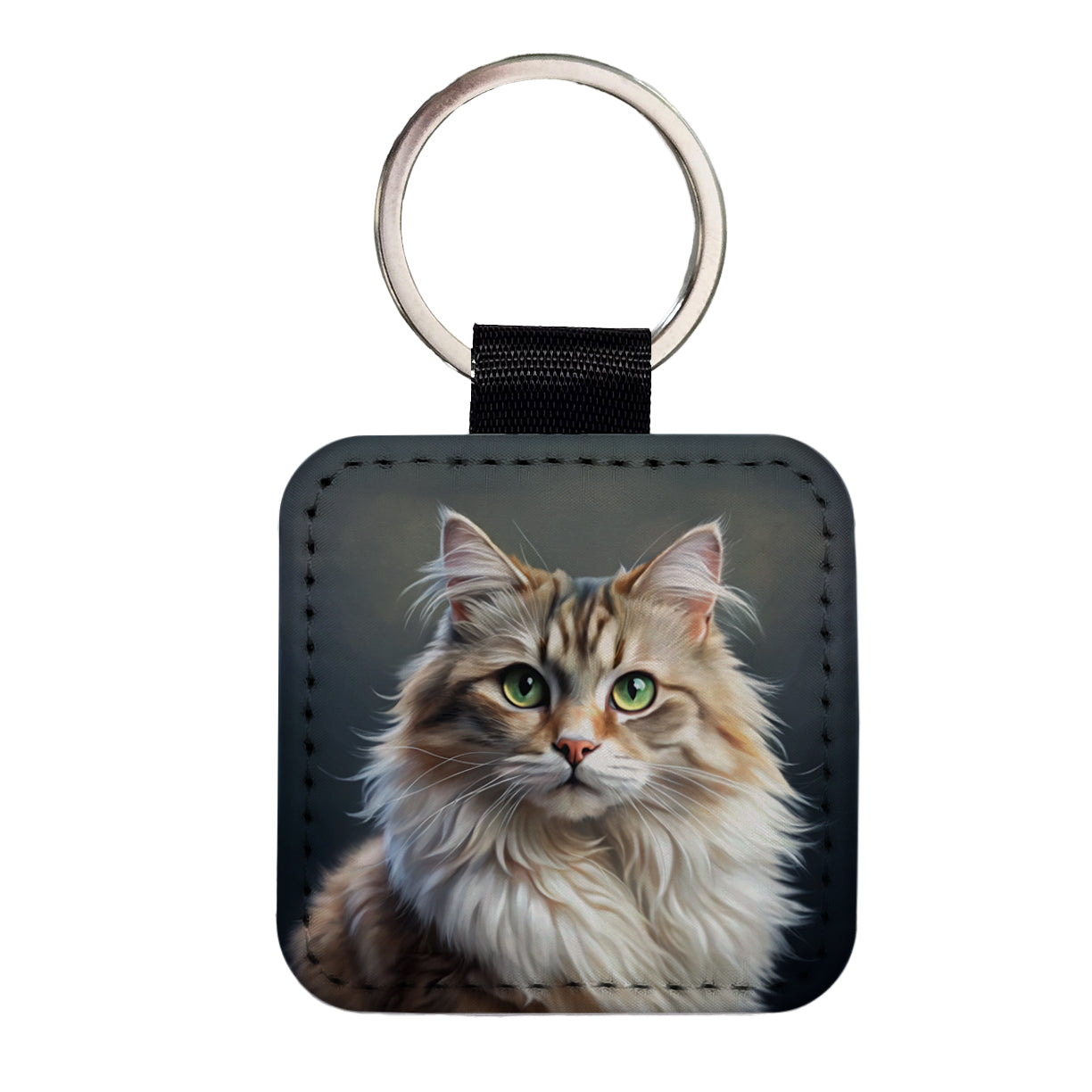 Ragamuffin Cat Illustration Square Faux Leather Keychain