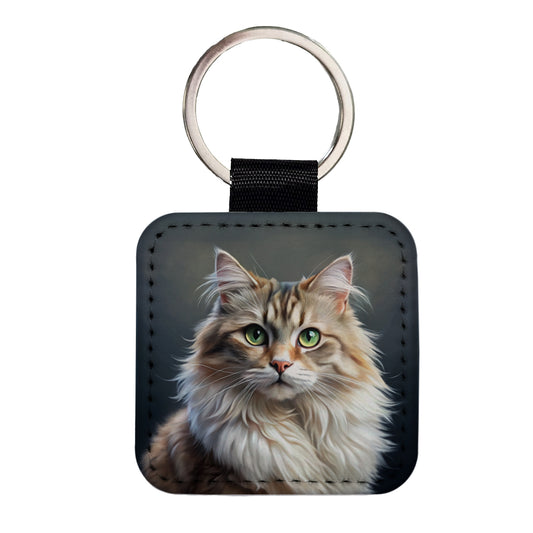 Ragamuffin Cat Illustration Square Faux Leather Keychain