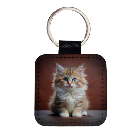 Ragamuffin Cat Kitten Photo Square Faux Leather Keychain