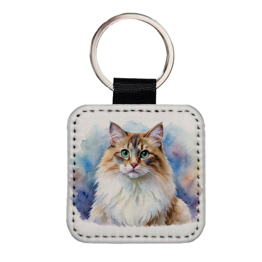 Ragamuffin Cat Watercolor Style Square Faux Leather Keychain