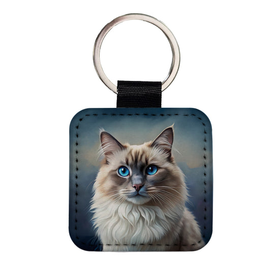 Ragdoll Cat Illustration Square Faux Leather Keychain