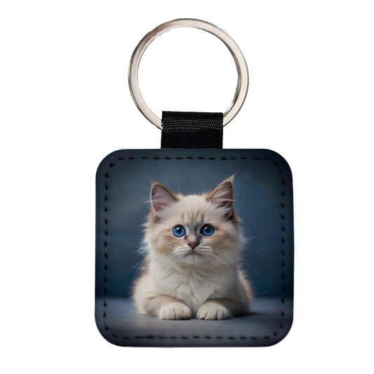 Ragdoll Cat Kitten Photo Square Faux Leather Keychain