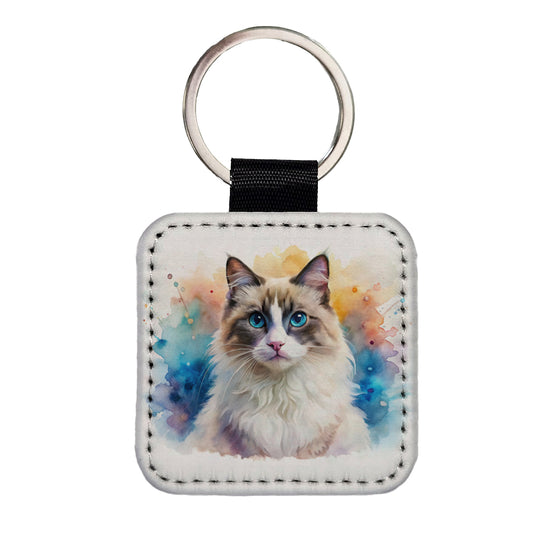 Ragdoll Cat Watercolor Style Square Faux Leather Keychain