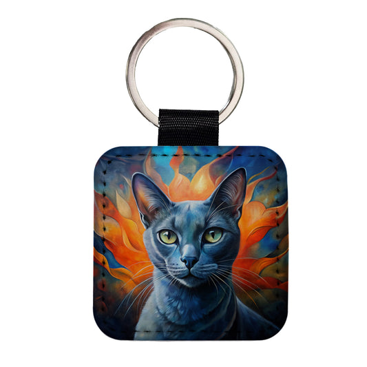 Russian Blue Cat Abstract Art Square Faux Leather Keychain