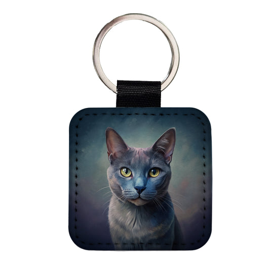 Russian Blue Cat Illustration Square Faux Leather Keychain