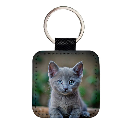 Russian Blue Cat Kitten Photo Square Faux Leather Keychain