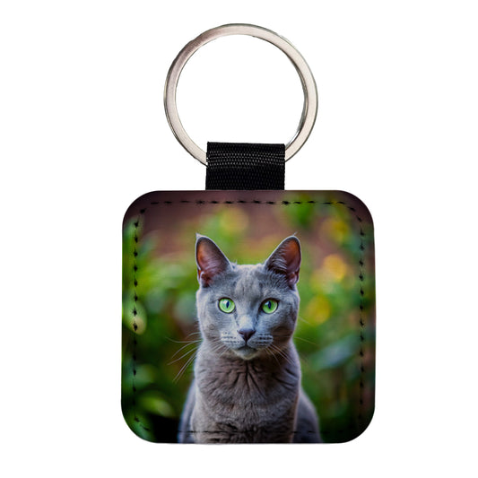 Russian Blue Cat Photo Square Faux Leather Keychain