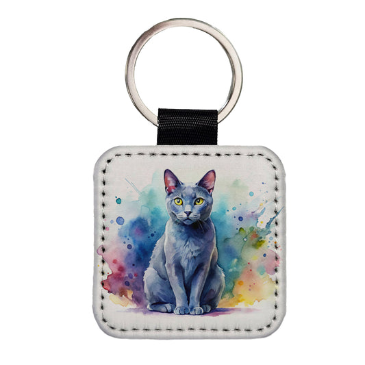 Russian Blue Cat Watercolor Style Square Faux Leather Keychain