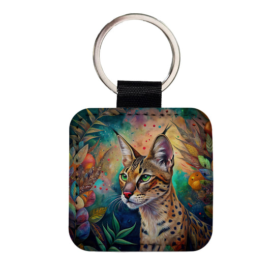 Savannah Cat Abstract Art Square Faux Leather Keychain