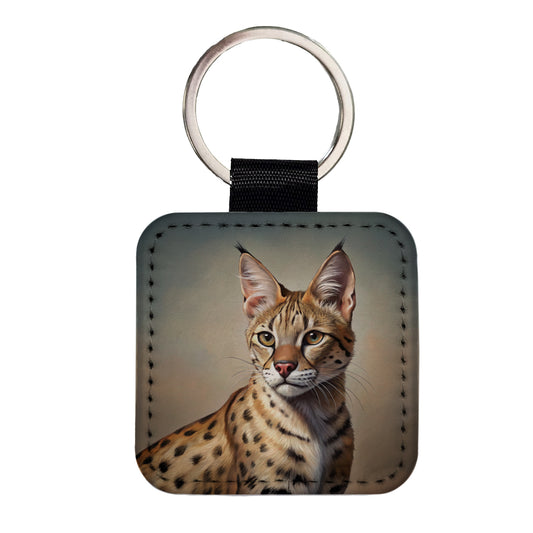 Savannah Cat Illustration Square Faux Leather Keychain