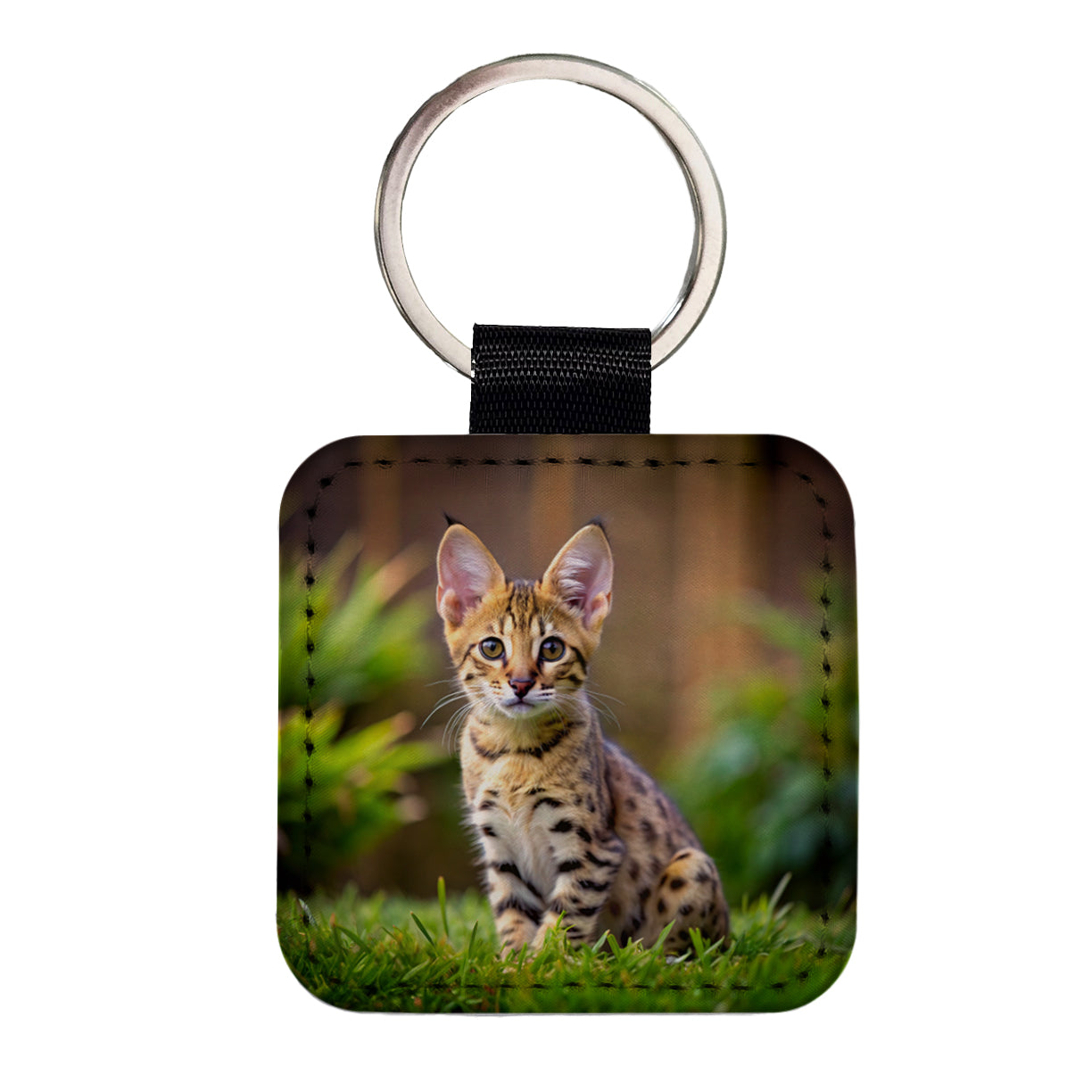 Savannah Cat Kitten Photo Square Faux Leather Keychain