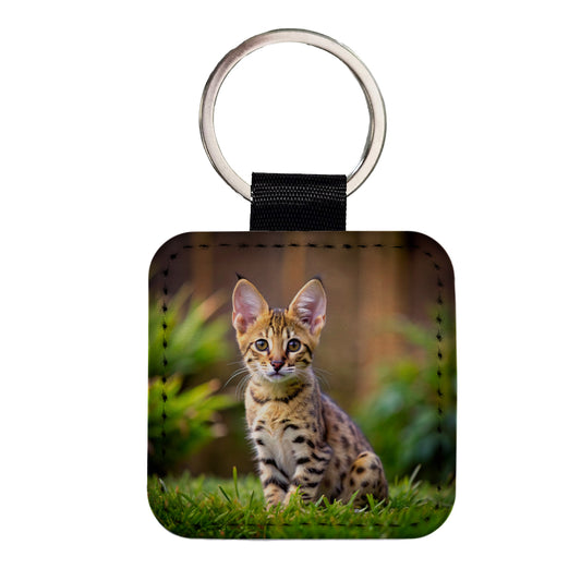 Savannah Cat Kitten Photo Square Faux Leather Keychain