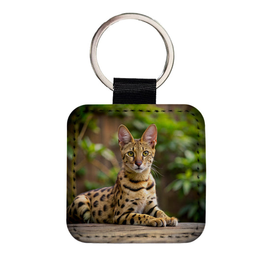 Savannah Cat Photo Square Faux Leather Keychain