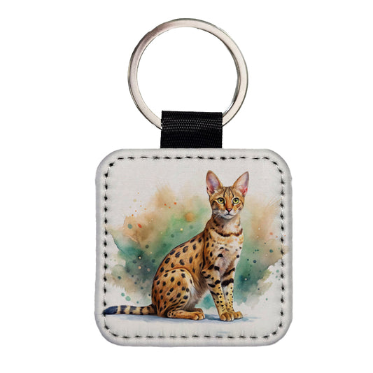 Savannah Cat Watercolor Style Square Faux Leather Keychain