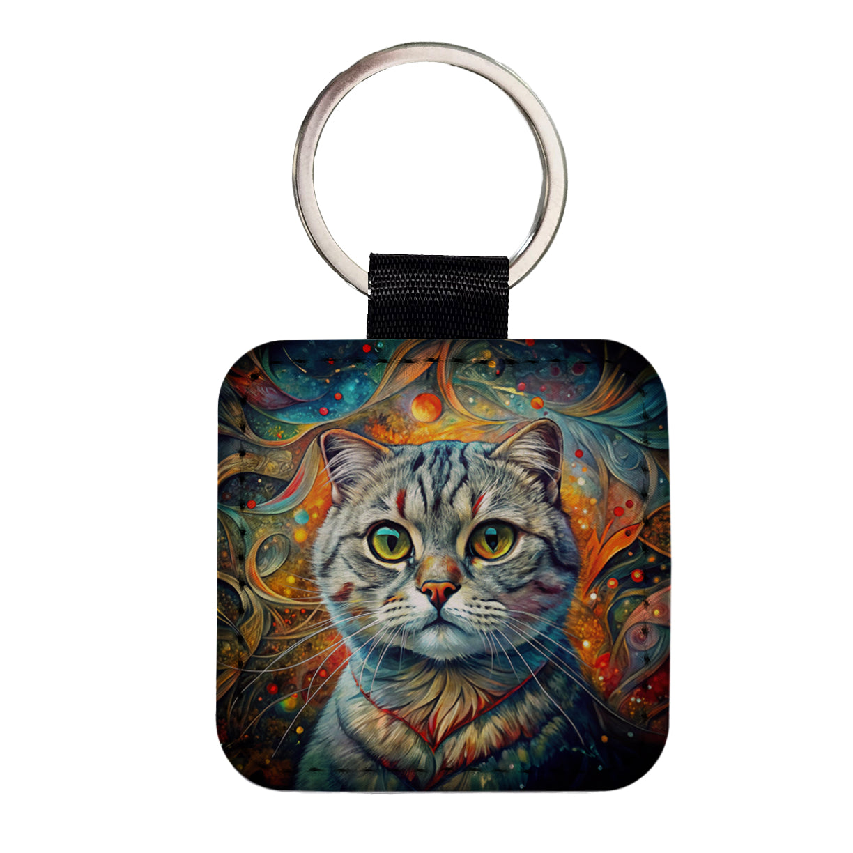 Scottish Fold Cat Abstract Art Square Faux Leather Keychain