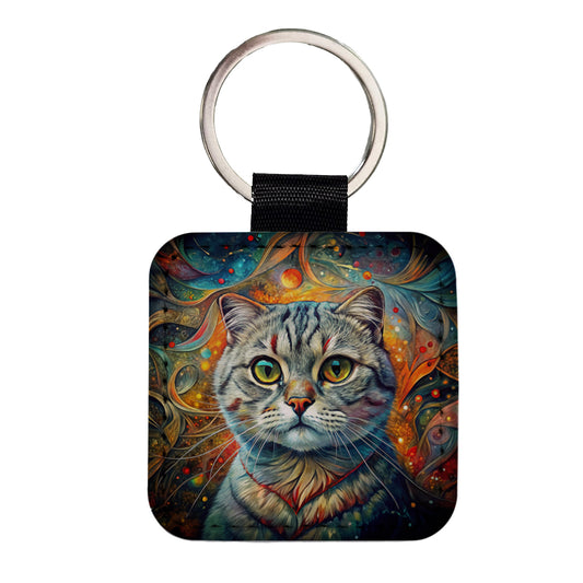 Scottish Fold Cat Abstract Art Square Faux Leather Keychain