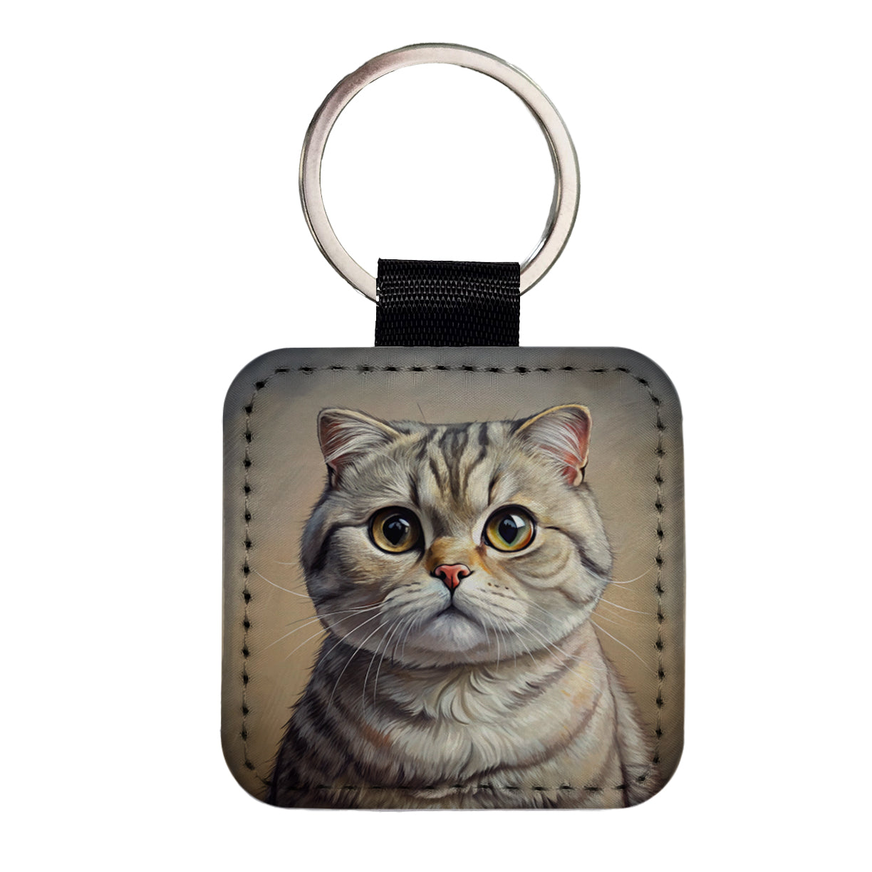 Scottish Fold Cat Illustration Square Faux Leather Keychain