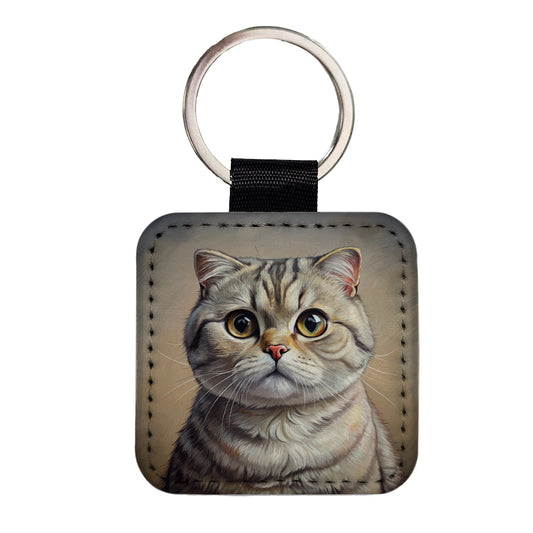 Scottish Fold Cat Illustration Square Faux Leather Keychain