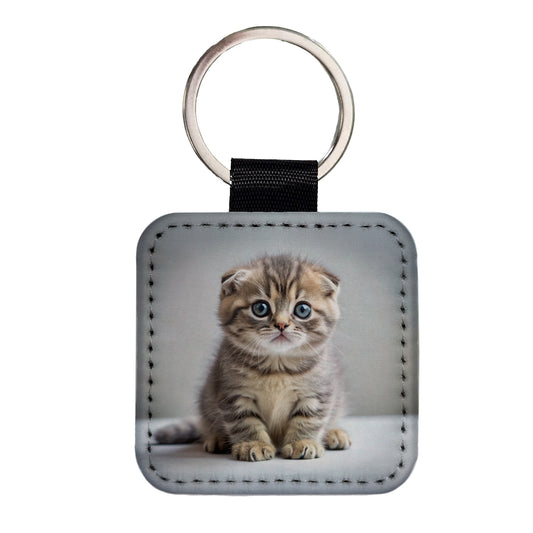 Scottish Fold Cat Kitten Photo Square Faux Leather Keychain
