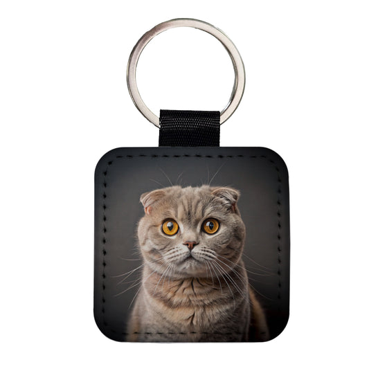Scottish Fold Cat Photo Square Faux Leather Keychain
