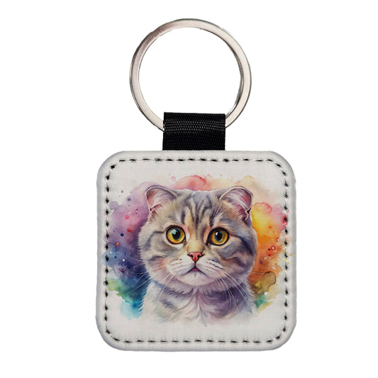 Scottish Fold Cat Watercolor Style Square Faux Leather Keychain