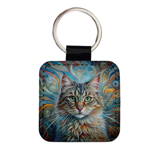 Siberian Cat Abstract Art Square Faux Leather Keychain