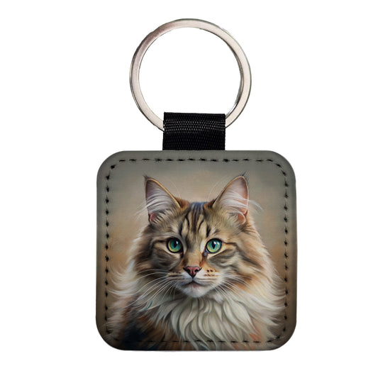 Siberian Cat Illustration Square Faux Leather Keychain