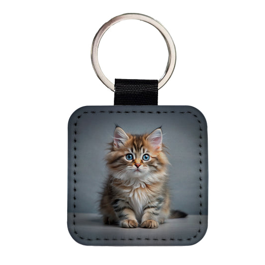 Siberian Cat Kitten Photo Square Faux Leather Keychain