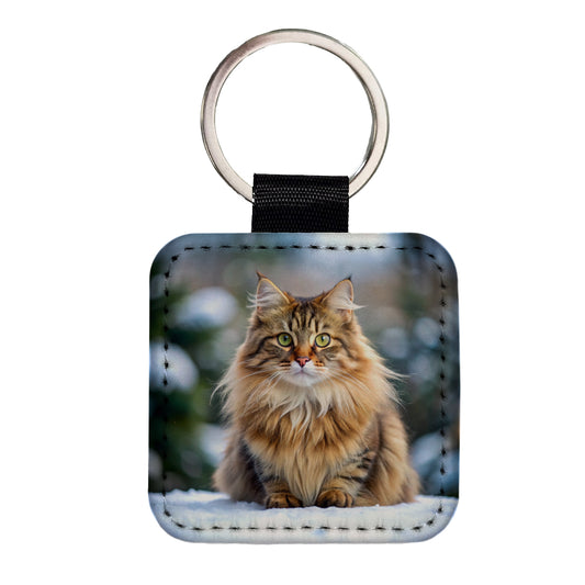 Siberian Cat Photo Square Faux Leather Keychain