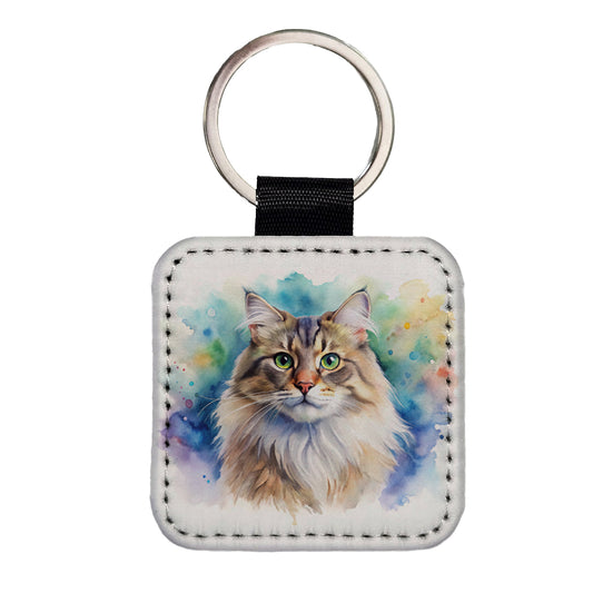 Siberian Cat Watercolor Style Square Faux Leather Keychain